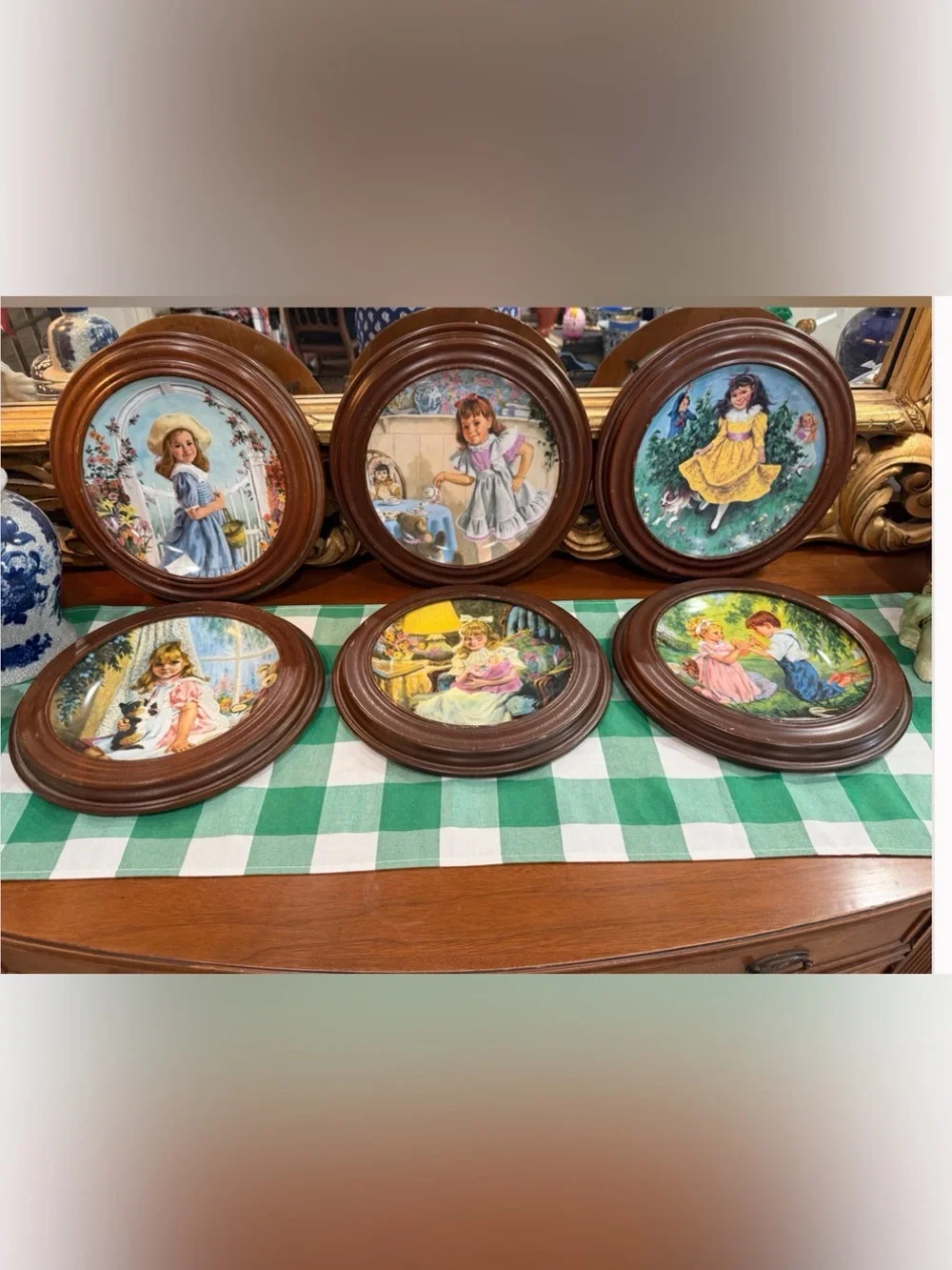 Set of 6 Framed Vintage Style Girls Wall Plaques in Brown